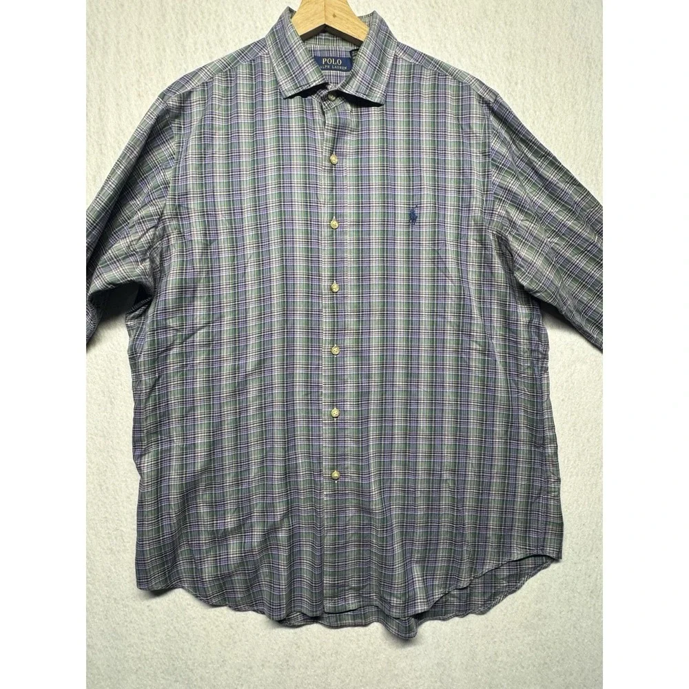 Polo Ralph Lauren Mens L Plaid Button Down Shirt Purple Green Long Sleeve Cotton
